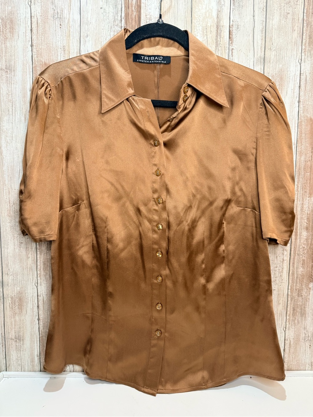 Tribal Satin Copper-Brown Button Front Blouse